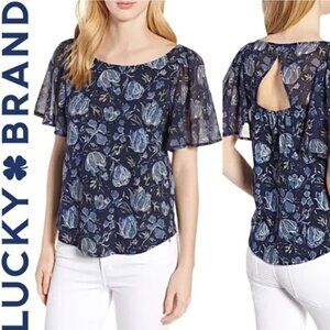 Lucky Brand Blue Floral Back Cutout Flutter Sleeve Blouse, Size Small